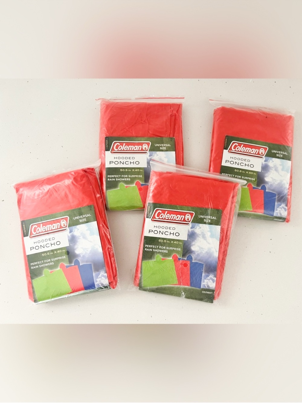 Coleman Hooded Rain Poncho 4 Pack Red NWT Camping Emergency Gear